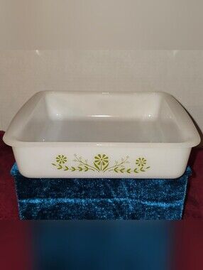 VTG Glasbake J2428 White Milk Glass 8" Square Baker Green Daisy